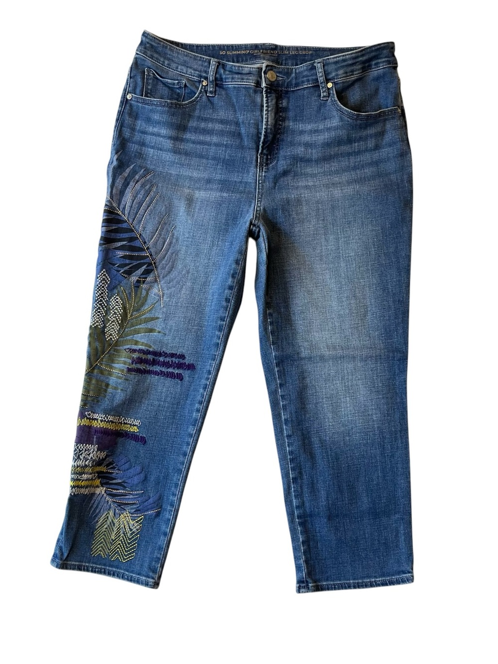 Chicos So Slimming Girlfriend Slim Leg Crop Jeans 12 Womens Embroidered leaves